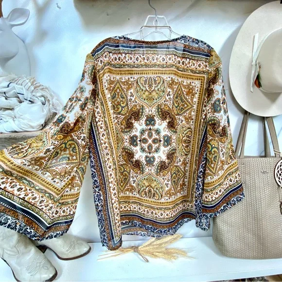 Anthropologie Fig & Flower boho blouse Gypsy southwestern vibe w bell sleeves - Picture 12 of 14
